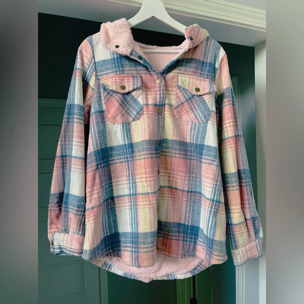 024  Cozy Plaid Print Teddy Lined Button Jacket Shacket - Picture 6 of 7